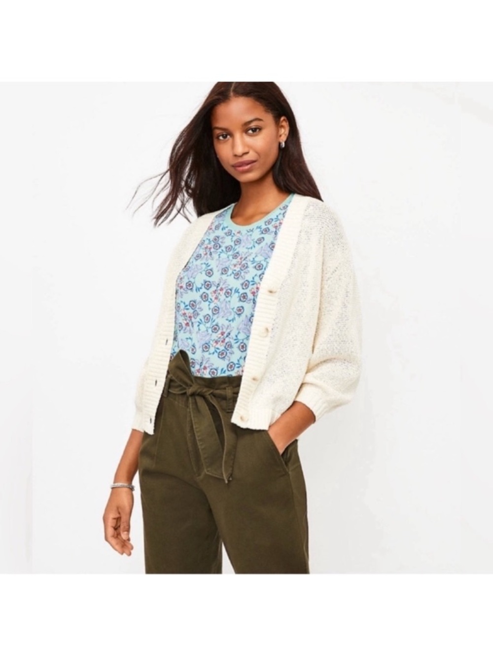 LOFT Ivory Cream Marled 3/4 Sleeve Sweater Cardigan Sz XL dropped Shoulder